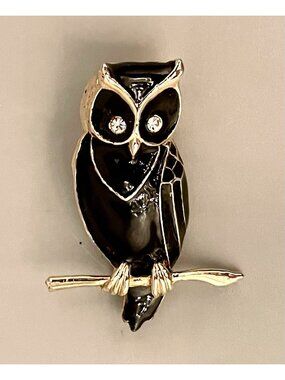 Vintage Owl Brooch Black Enamel Gold Tone Rhinestones Simple Retro